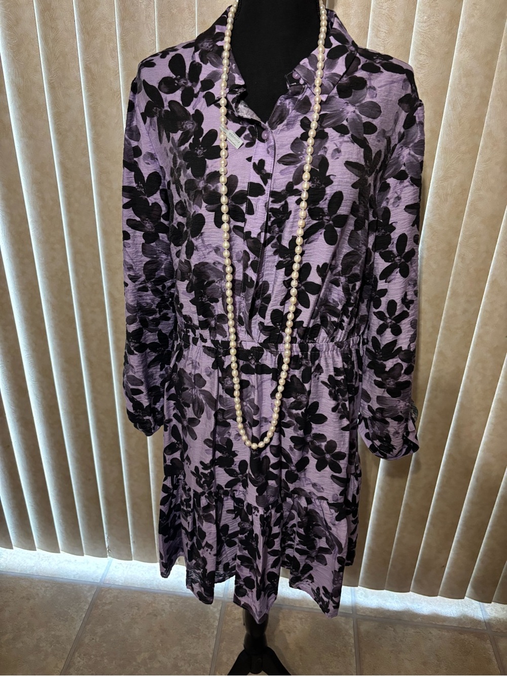 Lavender Floral Button-Front Long Sleeve Dress